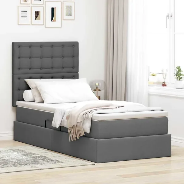 Lit de rangement LED avec matelas Gris foncé 90 x 190 cm Tissu