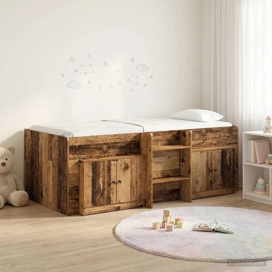 Cadre de lit en loft avec armoire avec porte 3 pc Bois ancien