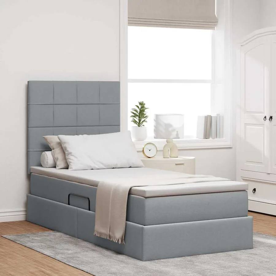 Lit de rangement LED avec matelas Gris clair 90 x 200 cm Tissu