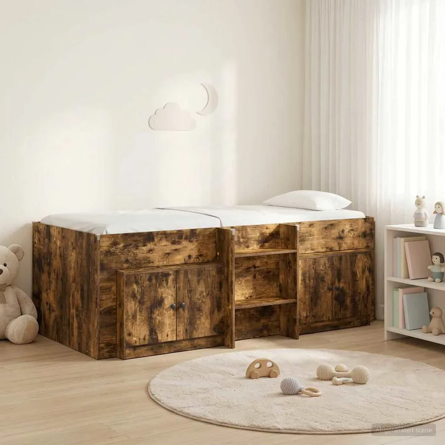 Cadre de lit en loft avec armoire avec stockage 3 pc Chêne fumé