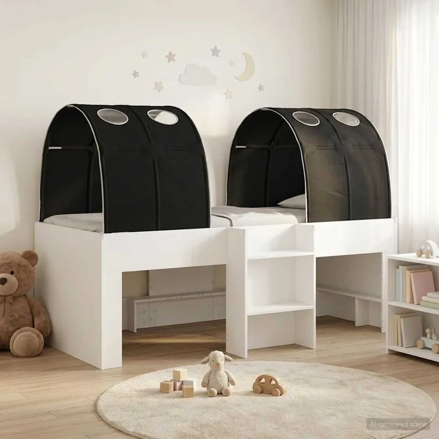 Lit avec Tunnel 3 pc Blanc et noir Bois d'ingénierie