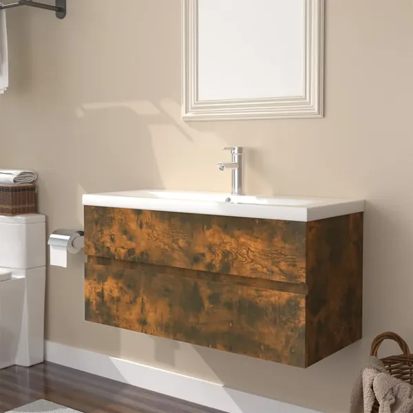 Washbasin Cabinet with Integrated Basin Smoked Oak Engineered Wood