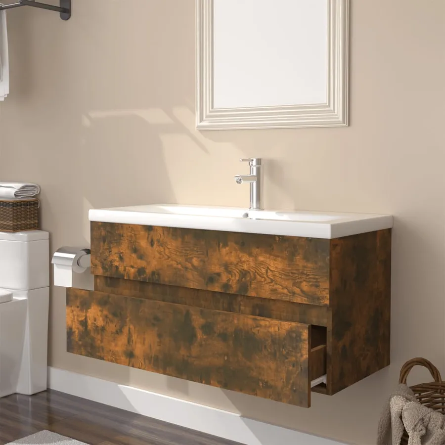 Meuble lavabo avec bassin intégré Chêne fumé Bois d'ingénierie - 3