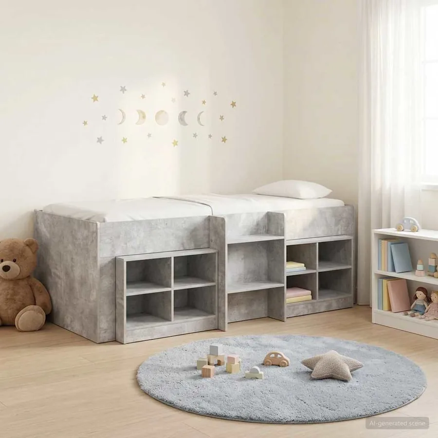 Cadre de lit en loft avec armoire avec étagère 3 pc Gris béton