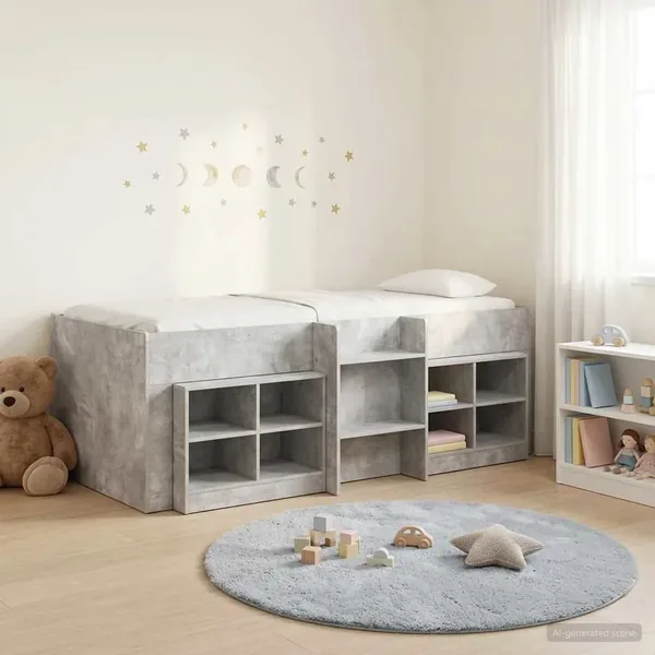 Cadre de lit en loft avec armoire avec étagère 3 pc Gris béton