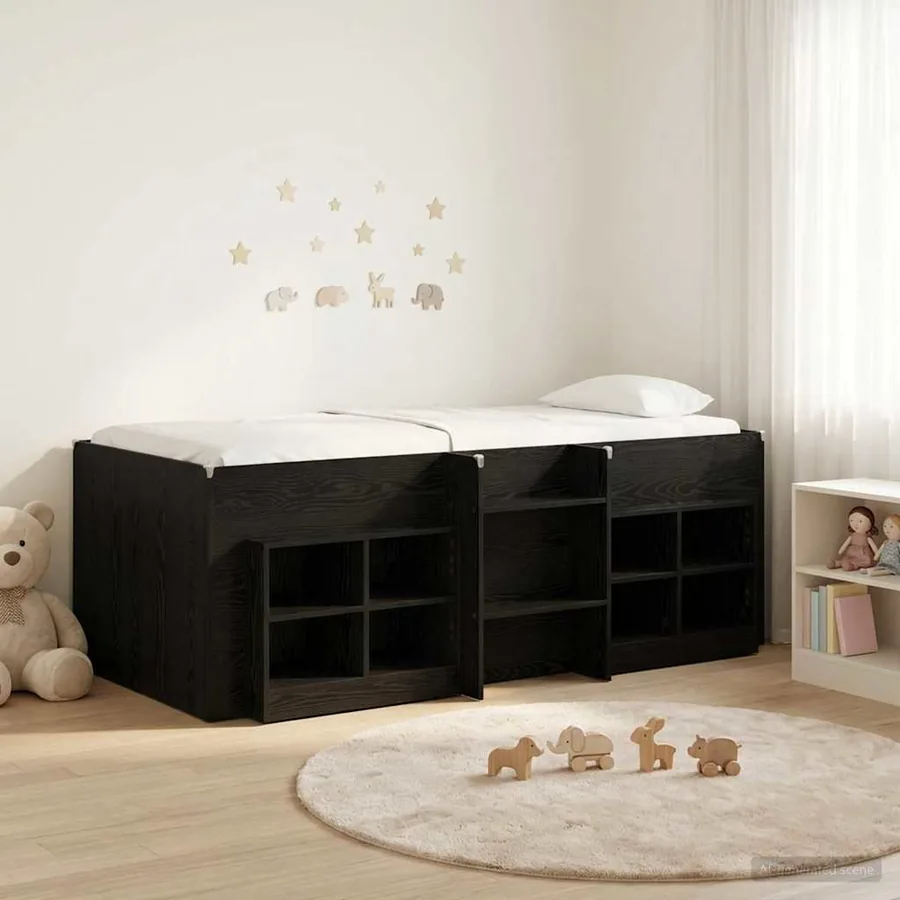 Cadre de lit en loft avec armoire avec étagère 3 pc Chêne noir