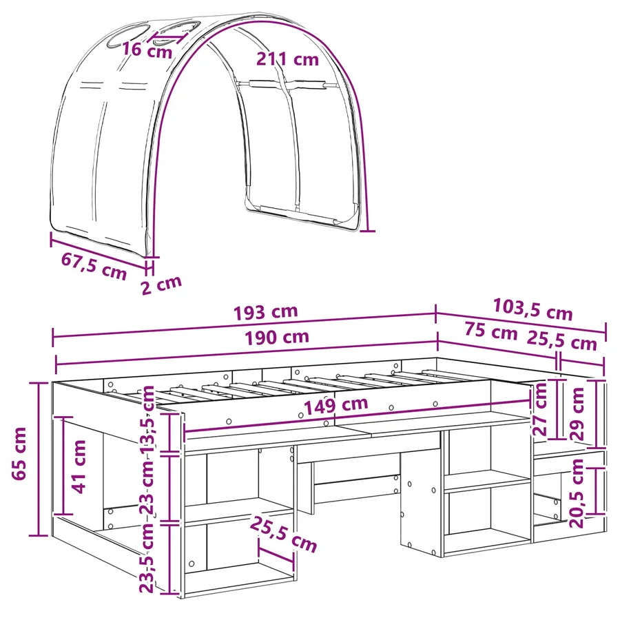 Cadre de lit avec tunnel 3 pc Chêne Sonoma et rouge - 11