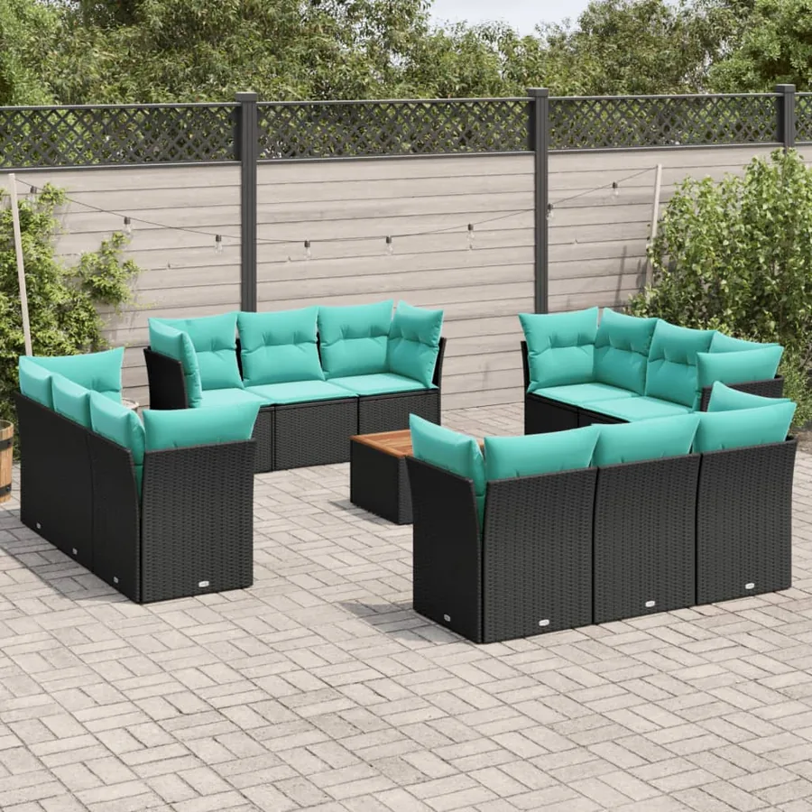Salon de jardin avec coussins 13 pcs noir résine tressée