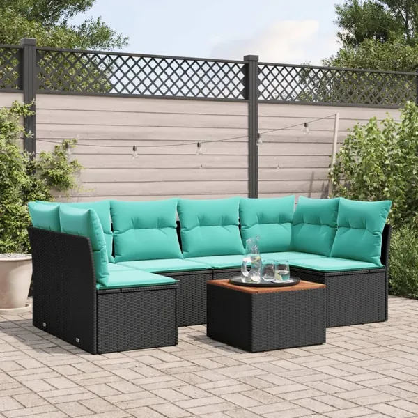 Salon de jardin 7 pcs avec coussins noir résine tressée 62 x 62 x 69 cm - 55,4 kg