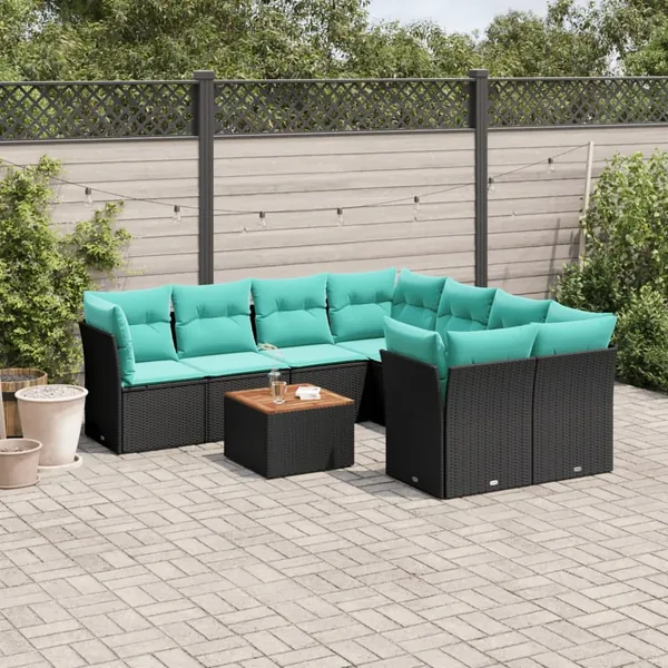 Salon de jardin 9 pcs avec coussins noir résine tressée