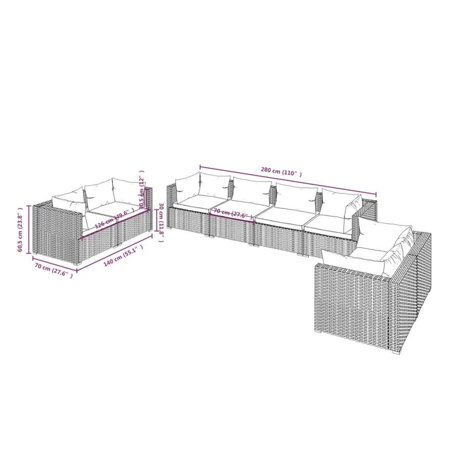 Salon de jardin 8 pcs avec coussins Résine tressée Marron - 7
