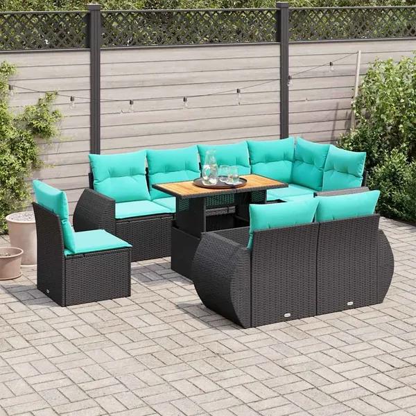 Salon de jardin 9 pcs avec coussins noir résine tressée