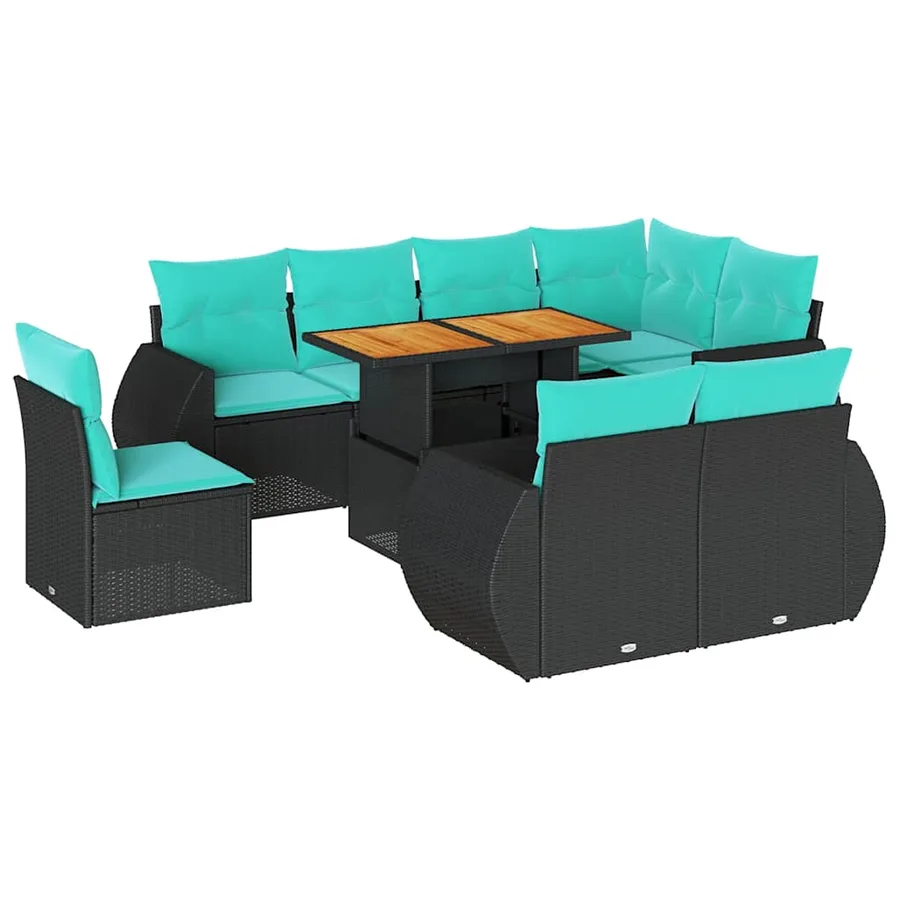 Salon de jardin 9 pcs avec coussins noir résine tressée - 2