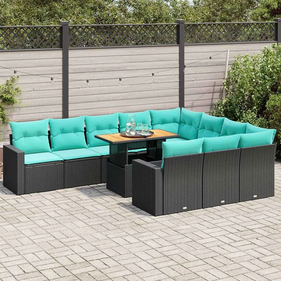 Salon de jardin 11 pcs avec coussins noir résine tressée