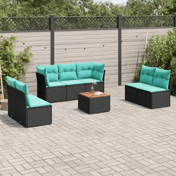Salon de jardin 8 pcs avec coussins noir résine tressée