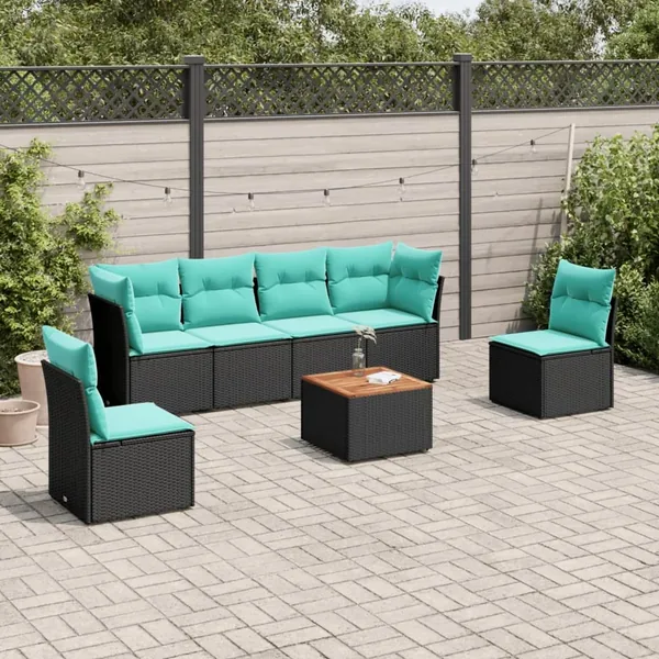 Salon de jardin 7 pcs avec coussins noir résine tressée 62 x 62 x 69 cm - 55,4 kg
