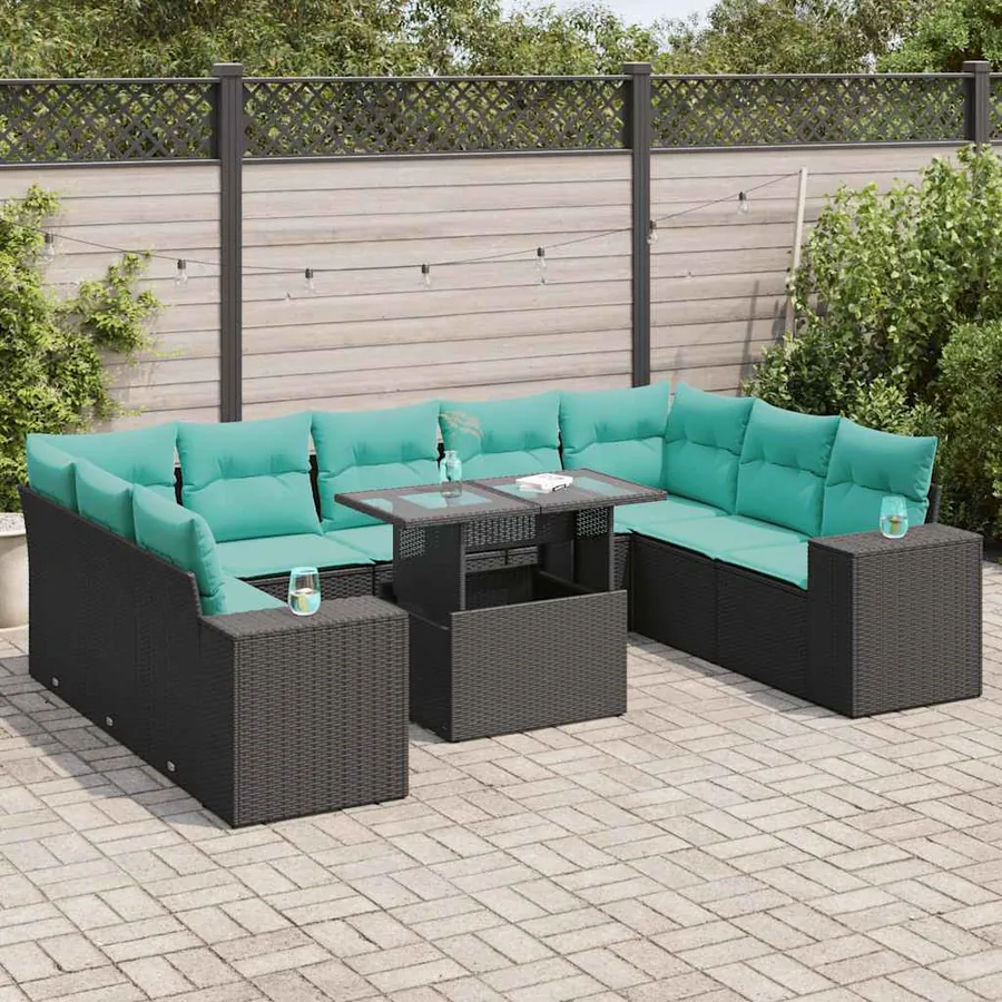 Salon de jardin 10 pcs avec coussins noir résine tressée acacia