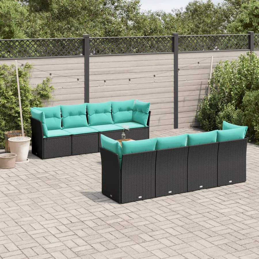 Salon de jardin 9 pcs avec coussins noir résine tressée