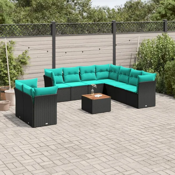 Salon de jardin 11 pcs avec coussins noir résine tressée