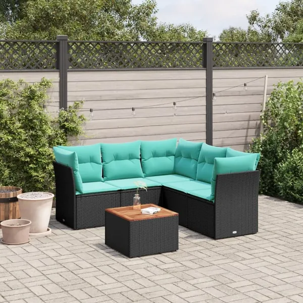 Salon de jardin 6 pcs avec coussins noir résine tressée