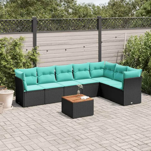 Salon de jardin 8 pcs avec coussins noir résine tressée