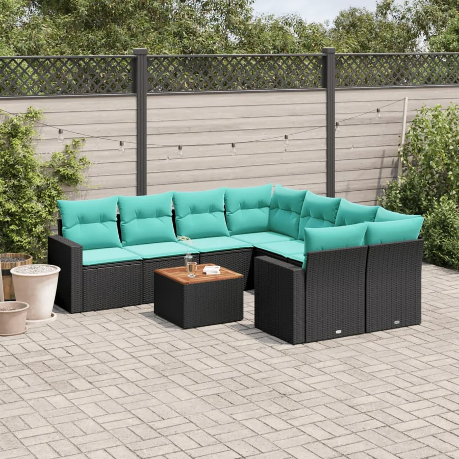 Salon de jardin 9 pcs avec coussins noir résine tressée