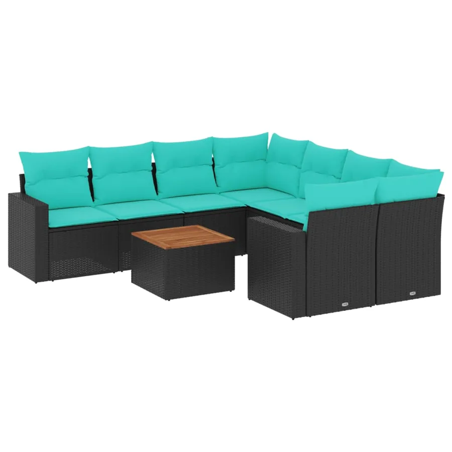 Salon de jardin 9 pcs avec coussins noir résine tressée - 2