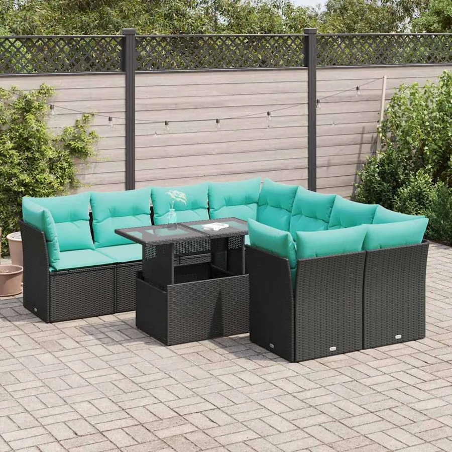 Salon de jardin avec coussins 9 pcs noir résine tressée acacia