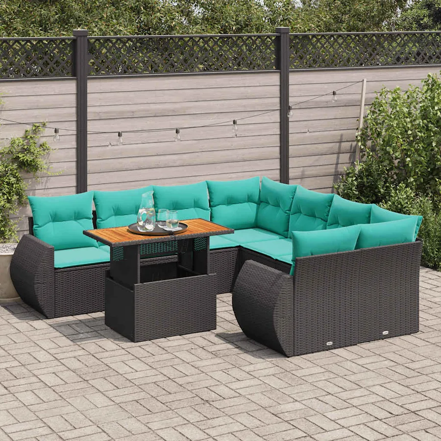 Salon de jardin 9 pcs avec coussins noir résine tressée