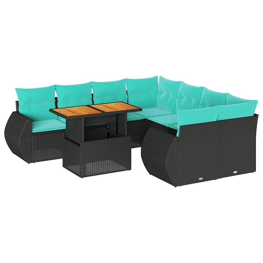 Salon de jardin 9 pcs avec coussins noir résine tressée - 2