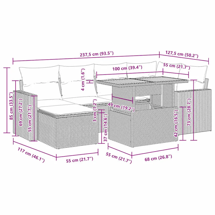 Salon de jardin 7 pcs avec coussins noir résine tressée 55 x 62 x 69 cm - 63,0 kg - 15