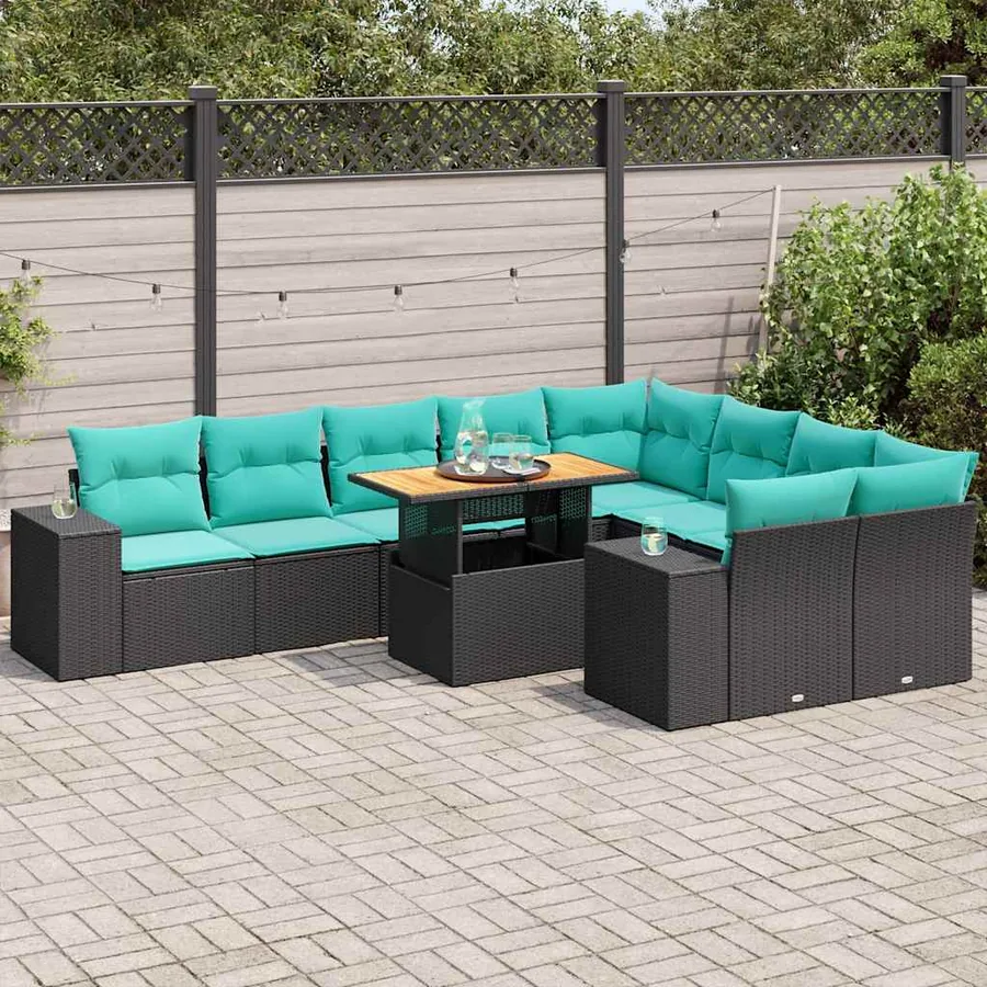 Salon de jardin 10 pcs avec coussins noir résine tressée