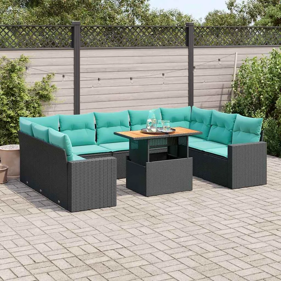Salon de jardin 10 pcs avec coussins noir résine tressée