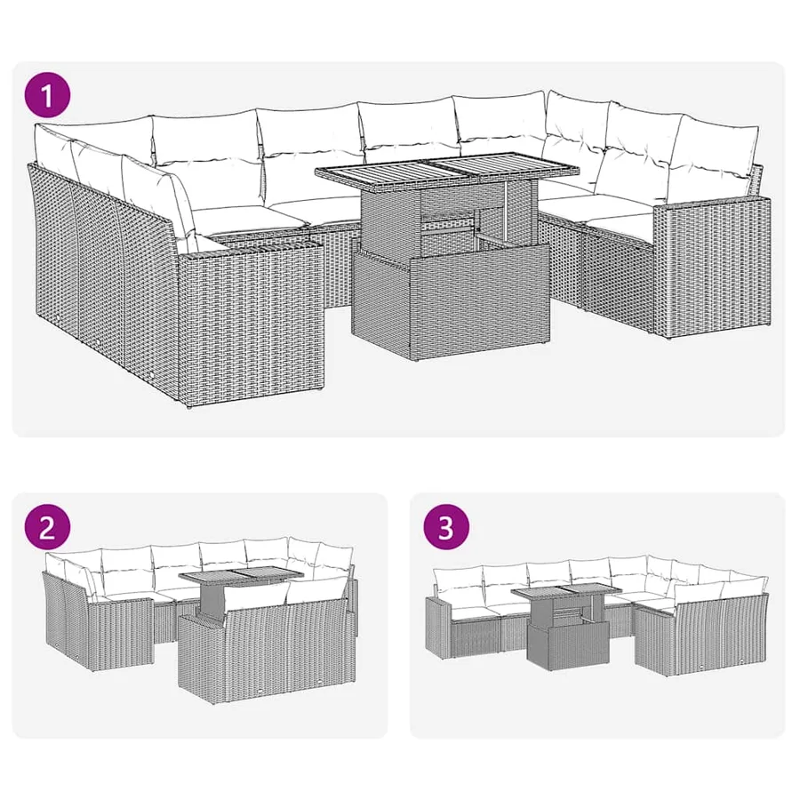 Salon de jardin 10 pcs avec coussins noir résine tressée - 11