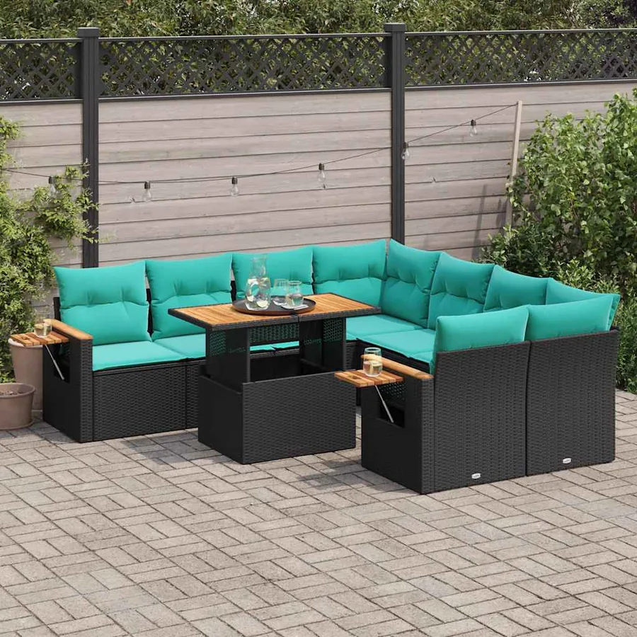 Salon de jardin 9 pcs avec coussins noir résine tressée