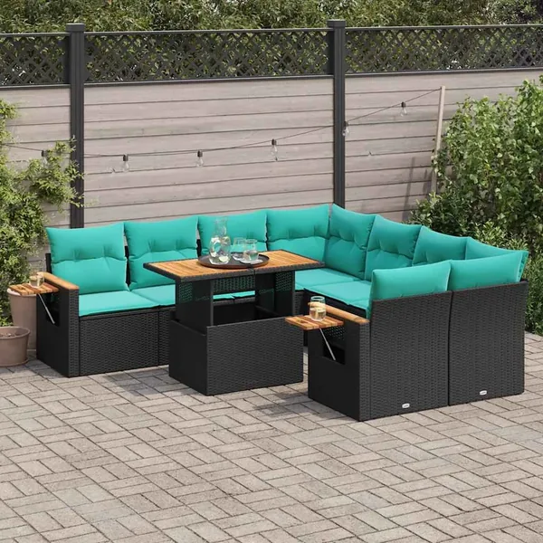 Salon de jardin 9 pcs avec coussins noir résine tressée
