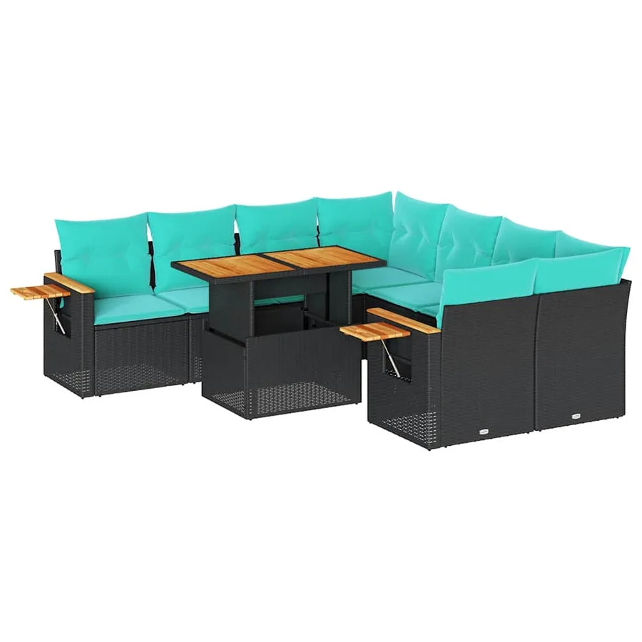 Salon de jardin 9 pcs avec coussins noir résine tressée - 2