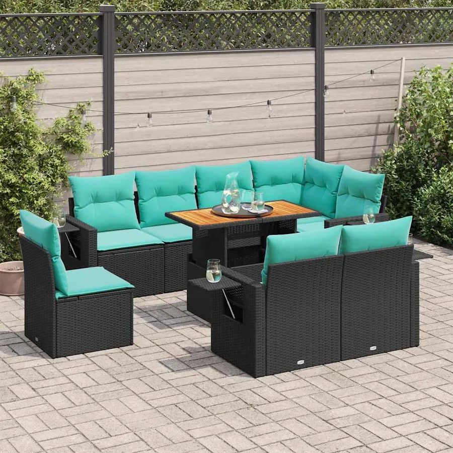Salon de jardin 9 pcs avec coussins noir résine tressée