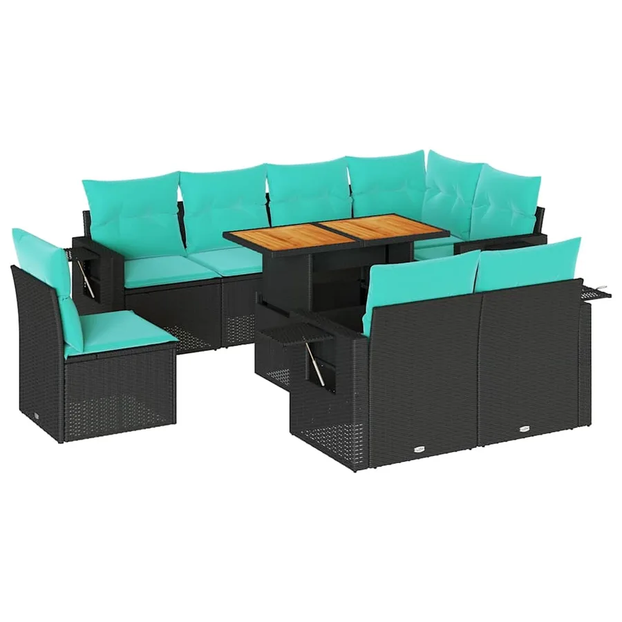 Salon de jardin 9 pcs avec coussins noir résine tressée - 2