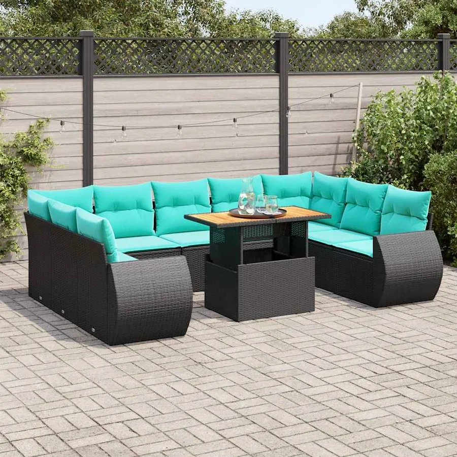 Salon de jardin 10 pcs avec coussins noir résine tressée