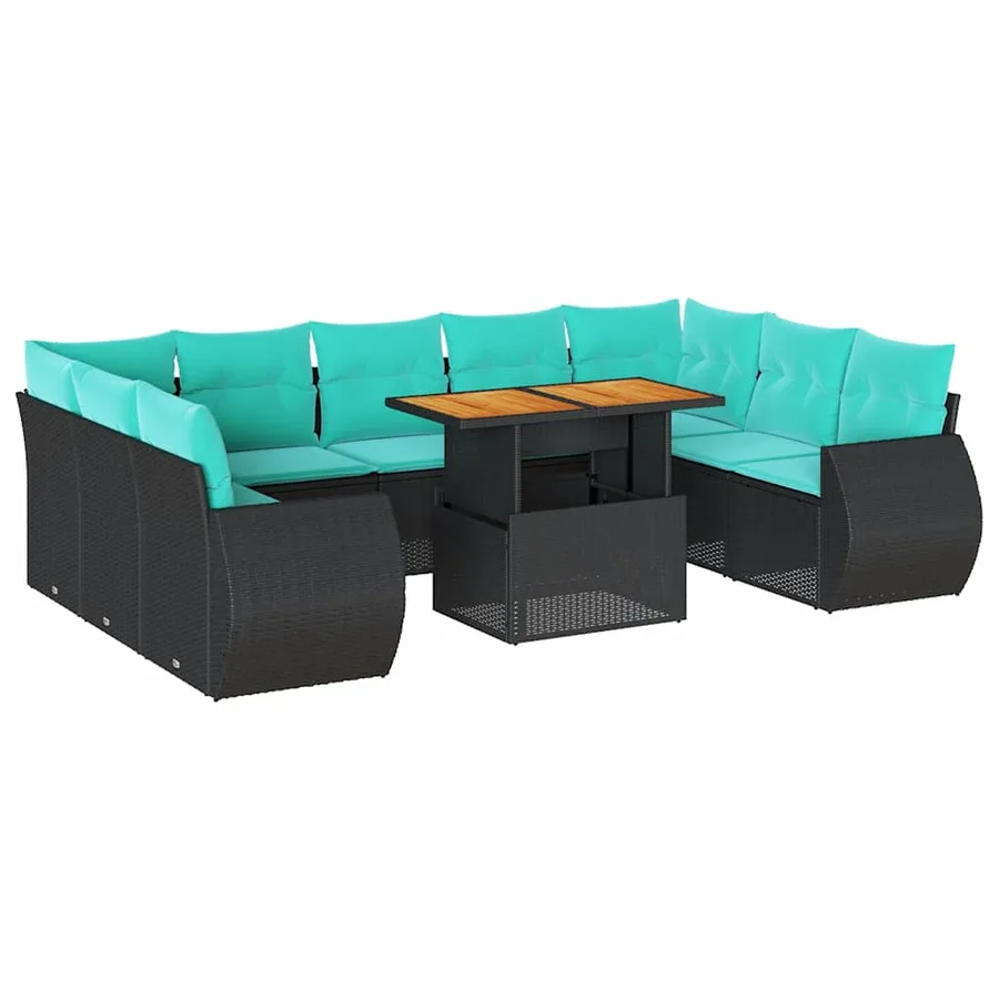 Salon de jardin 10 pcs avec coussins noir résine tressée - 2