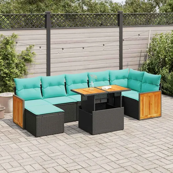 Salon de jardin avec coussins 8 pcs gris résine tressée acacia
