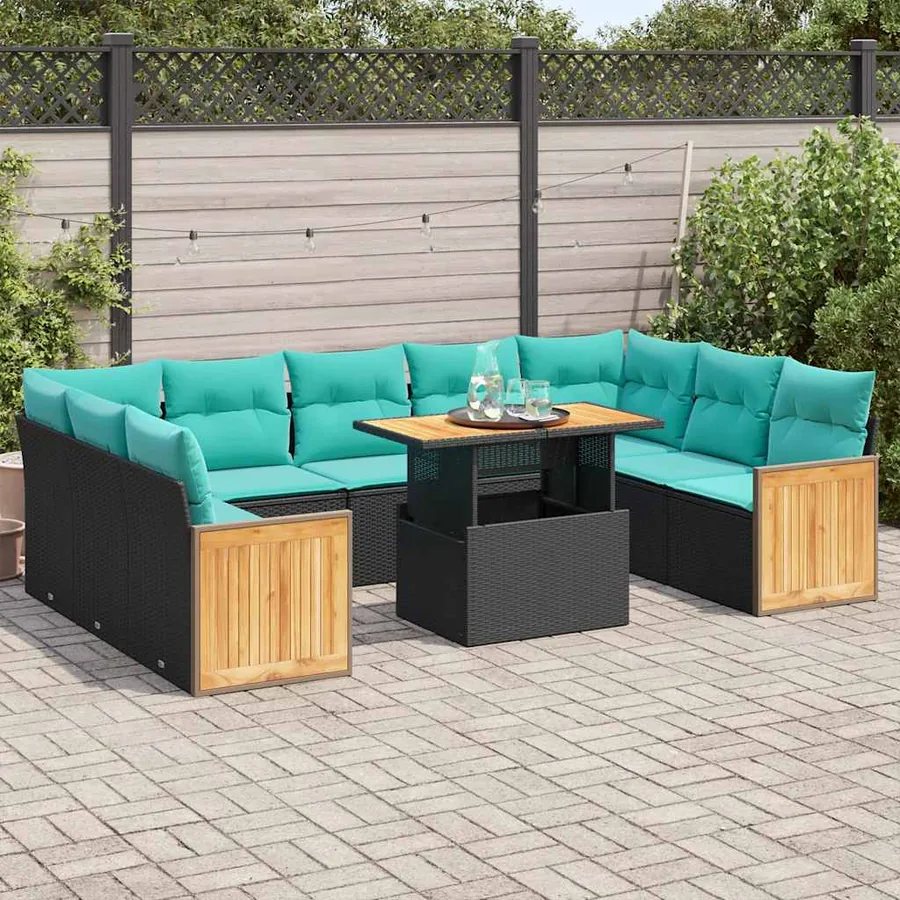 Salon de jardin 10 pcs avec coussins noir résine tressée acacia