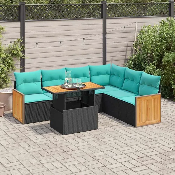 Salon de jardin avec coussins 7 pcs noir résine tressée acacia