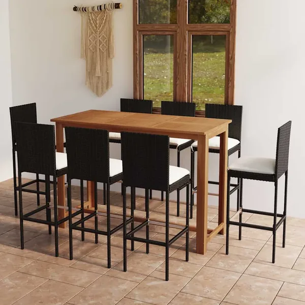 Ensemble de bar de jardin avec coussins 9 pcs Noir