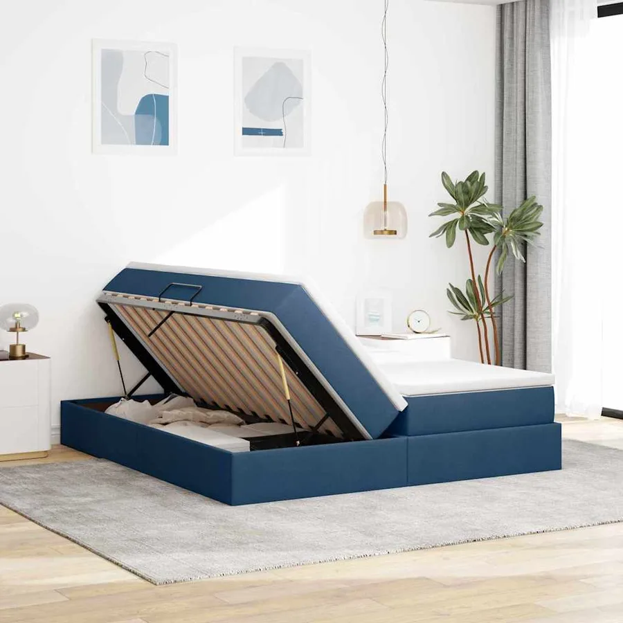 Lit avec rangement et matelas Bleu 200 x 200 cm Polyester - 4