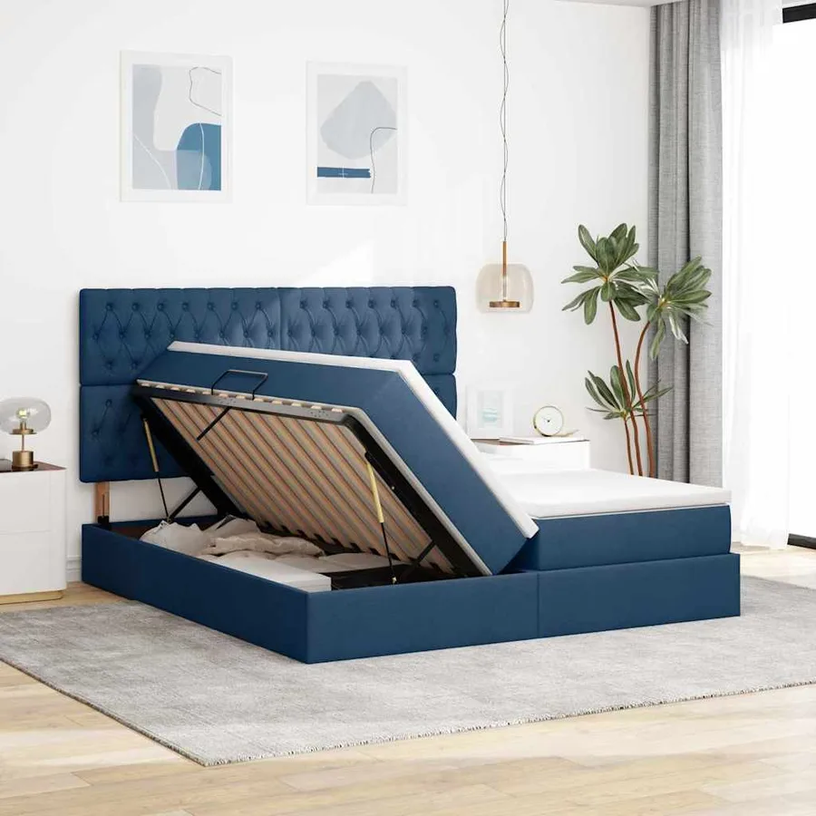 Lit de rangement LED avec matelas Bleu 200 x 200 cm Tissu - 4