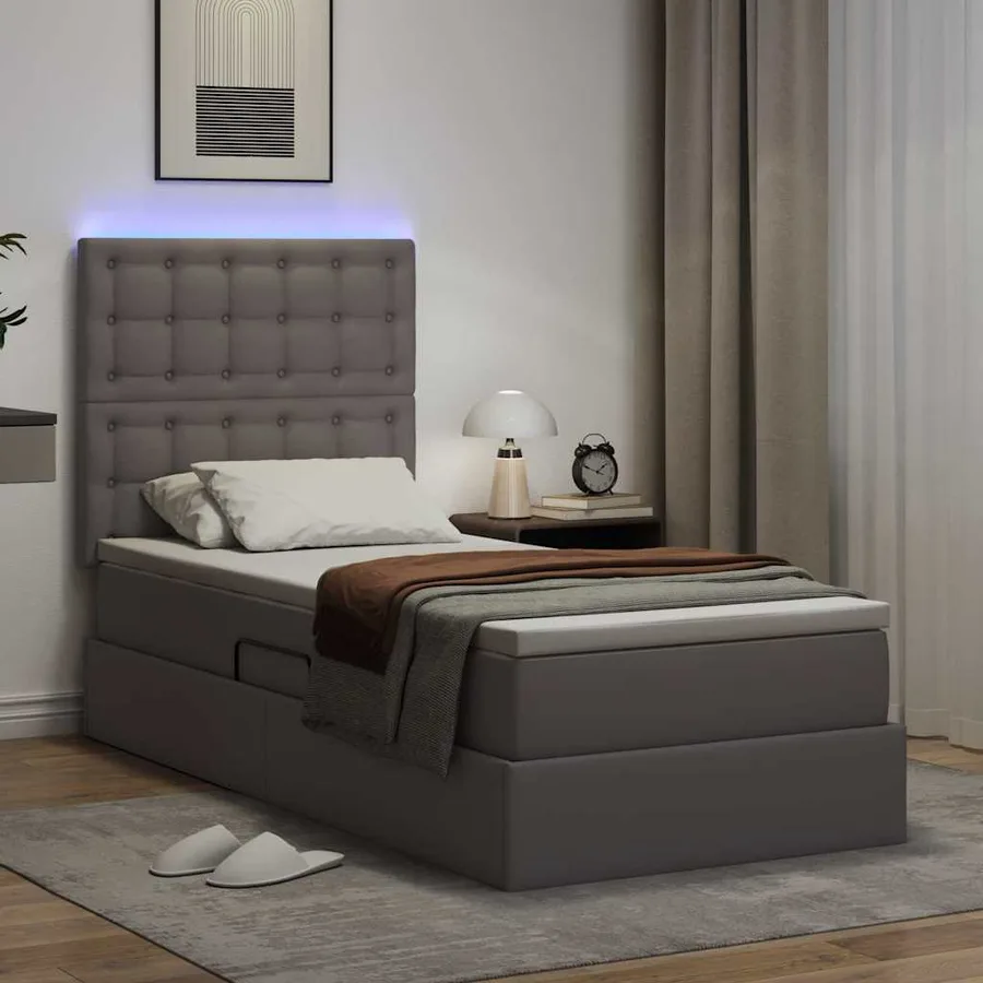 Lit avec rangement et LED Gris 90 x 190 cm Simili cuir - 5