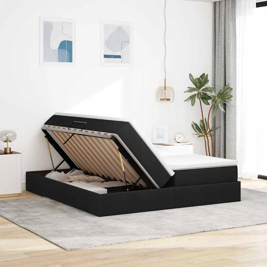 Lit avec rangement et matelas Noir 200 x 200 cm Polyester - 4