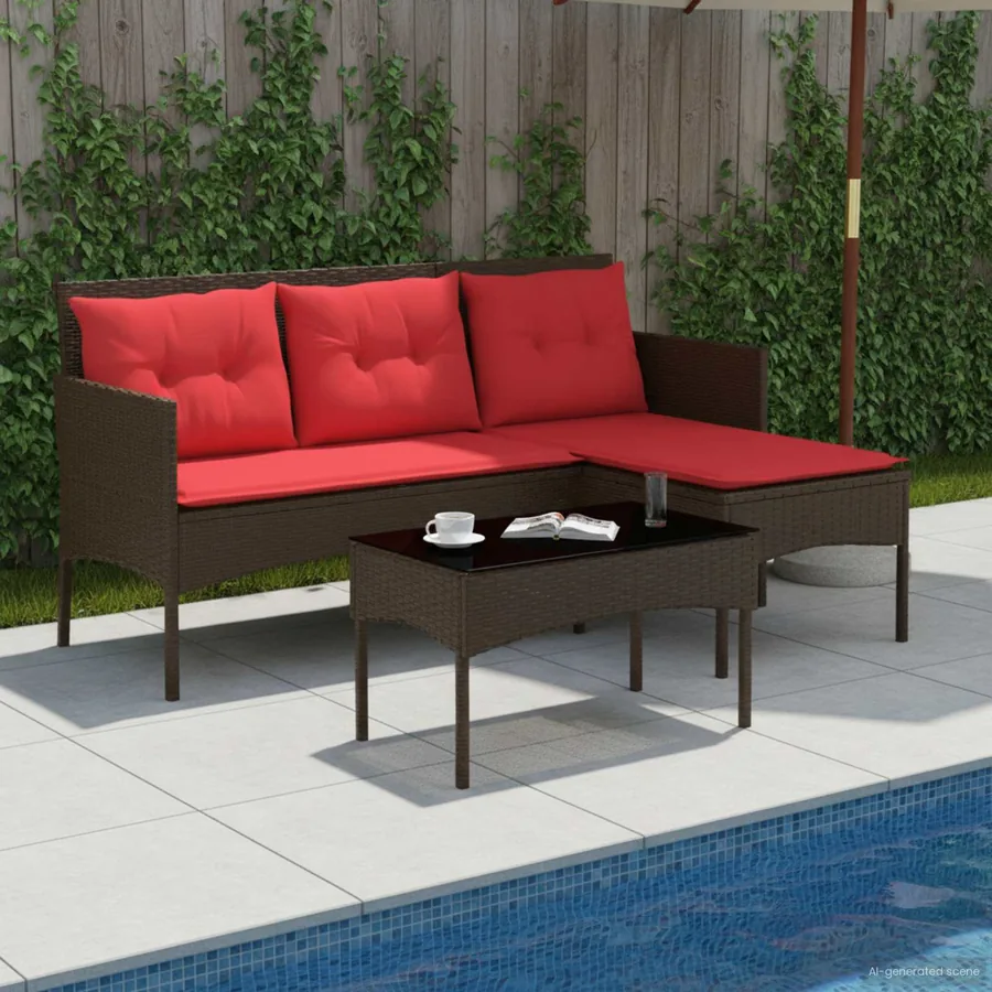 Ensemble de canapé de jardin 2 pcs Marron et rouge polyrotin